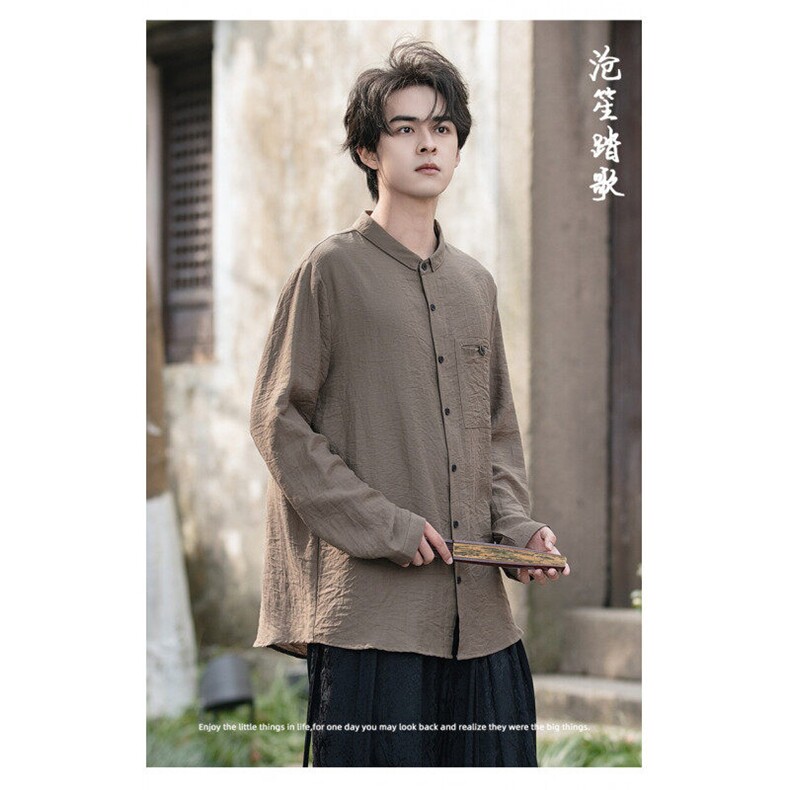 新中式风麻混纺双层领大码宽松休闲轻奢百搭长袖男女衬衫P55,男装衬衫,星座305A（原312A-1）