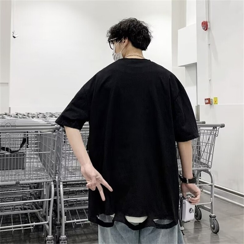 港风宽松破洞t恤男夏季纯色百搭短袖上衣潮牌项链内搭半袖打底衫,男装T恤,星座410-7