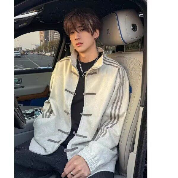新中式盘口运动外套男春季三条杠设计感唐装风立领夹克开衫卫衣,男装夹克,星座506A