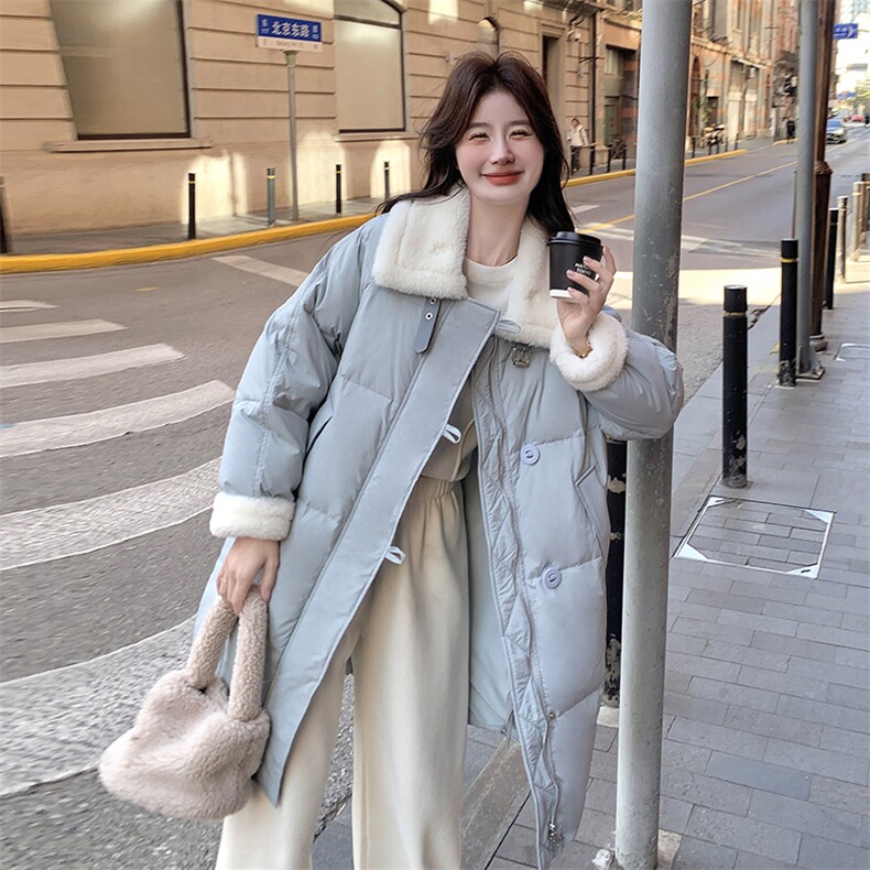 蓝色中长款羽绒服女2025冬季新款今年流行超好看小个子白鸭绒外套,女装羽绒服,2C129