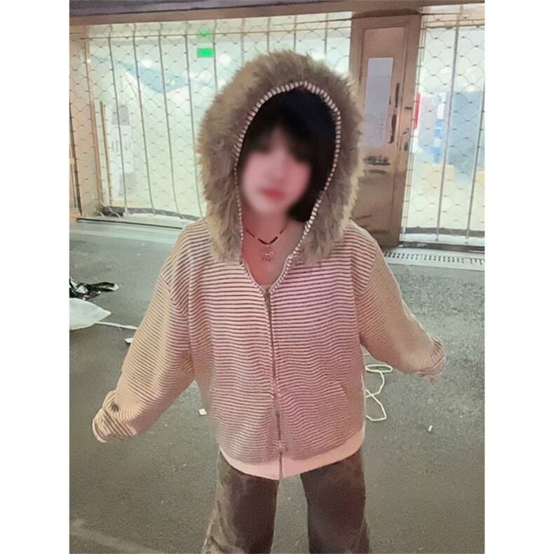 自家爆图毛领连帽卫衣外套韩系宽松设计感条纹上衣外套FNN01-P65,女装短外套,星座1001-1