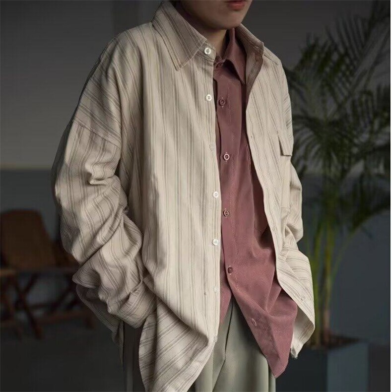2025春秋日系复古细条纹衬衫男女生学院风宽松休闲衬衣潮,男装衬衫,星座506A
