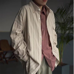 2025春秋日系复古细条纹衬衫男女生学院风宽松休闲衬衣潮