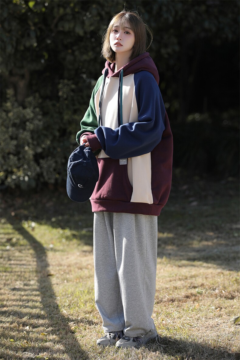 潮牌拼接oversize套头上衣美式复古撞色连帽卫衣HY270P65控98,男装卫衣,电商A102B