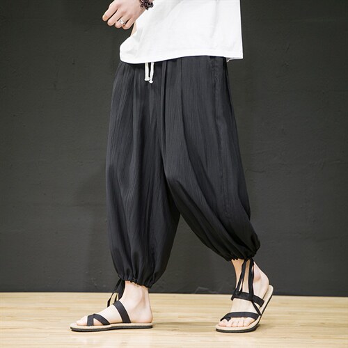 2025夏季新款风桃花皱面料宽松休闲抽九分裤黑色K126-P55，男装休闲裤，电商B277A（原A068）