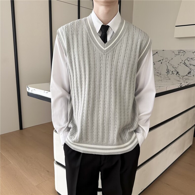 学院风V领毛衣马甲男款秋冬季美式针织衫潮流叠穿情侣背心图片