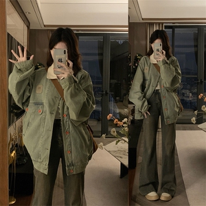 新中式复古拼接牛仔外套女风牛仔外套百搭C743-98,豹纹高跟鞋牛仔裤搭配图片