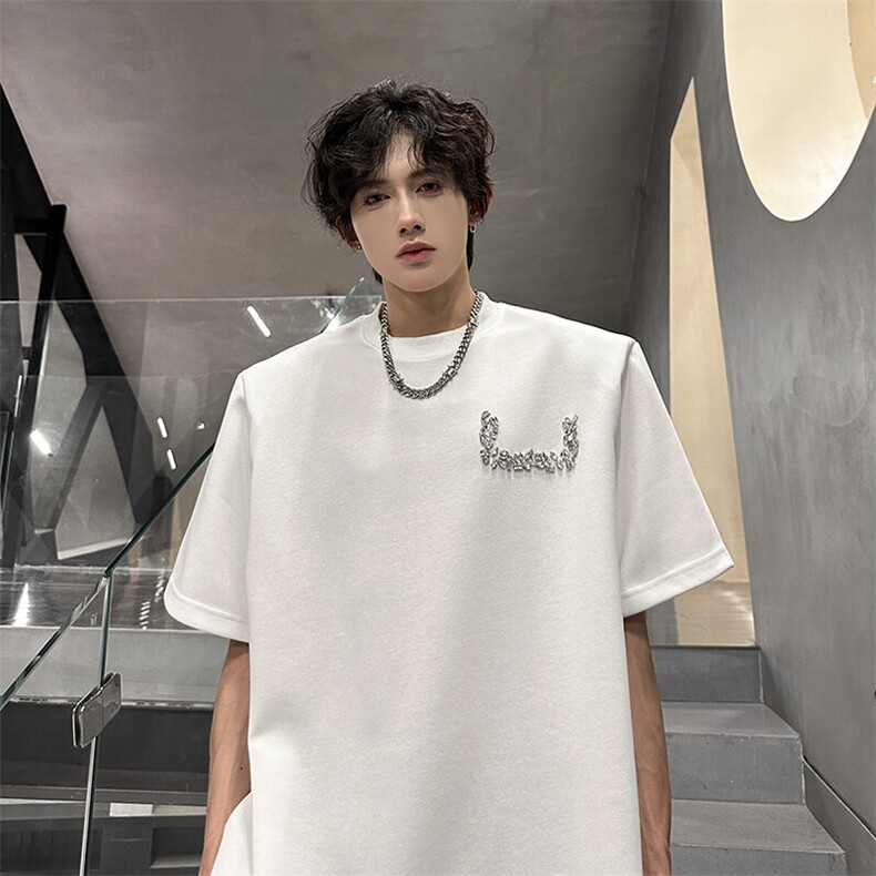 垫肩镶钻重磅短袖设计感圆领T恤A071-807-P40，男装T恤，电商A071