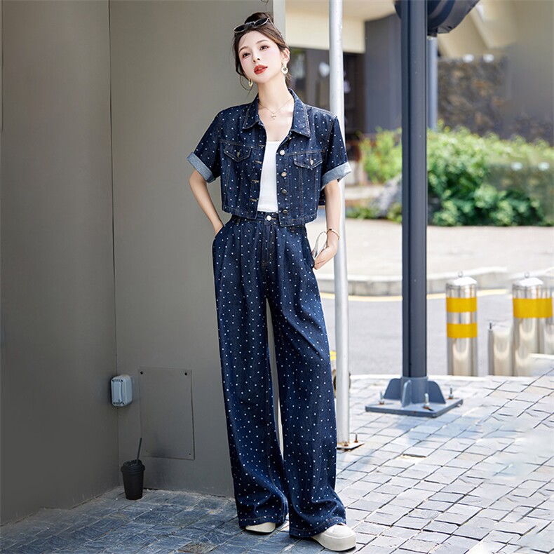 高级感港风薄款牛仔套装女夏2024新款短袖衬衫上衣阔腿长裤两件套,女装套装/套裙,依如秀(原杭风阁)