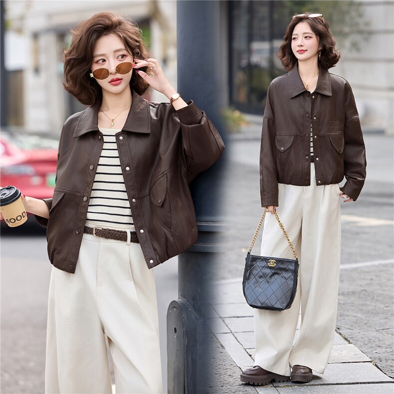 海宁皮衣女短款26年春秋新款皮夹克高级感气质小个子减龄外套，女装皮衣，潮流依族