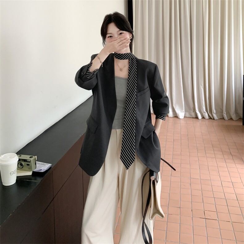 210-3278-P155-K228高级松弛感休闲条纹飘带西装外套2025年秋季,女装西装,韩蜜菓