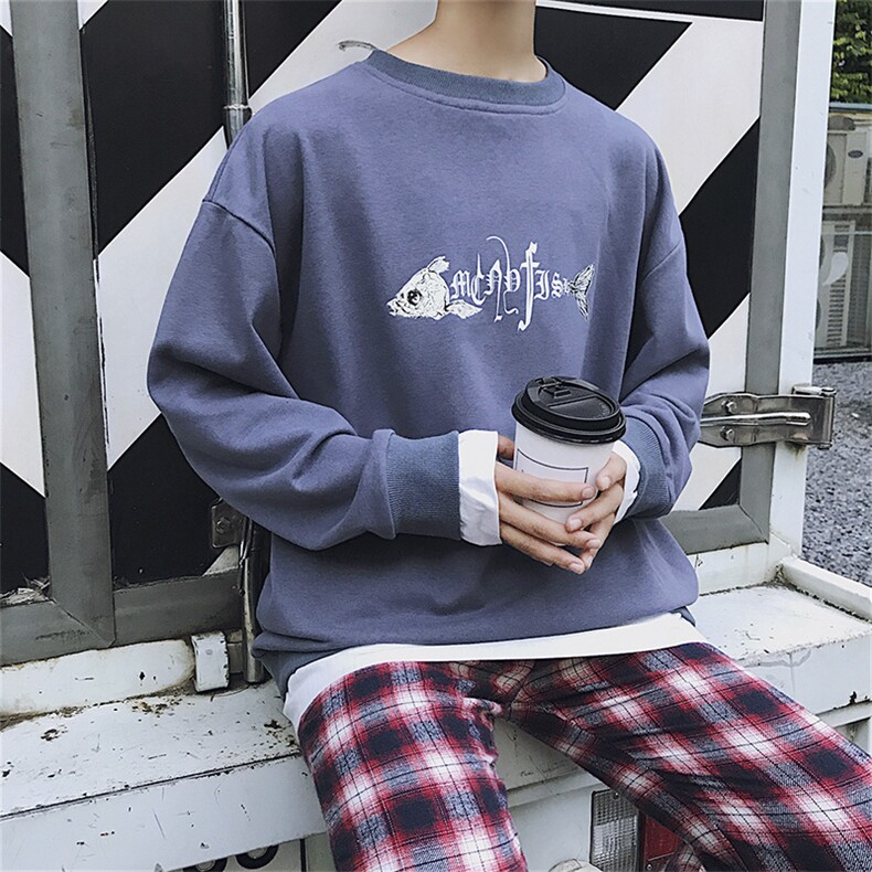 假两件卫衣男士长袖t恤圆领韩版潮流打底衫鱼印花上衣服DS45T,男装卫衣,电商A102