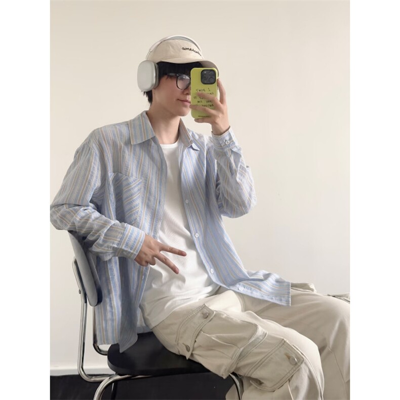 日系百搭条纹衬衫男春季新款韩系宽松休闲长袖衬衣外套情侣，男装衬衫，星座506A