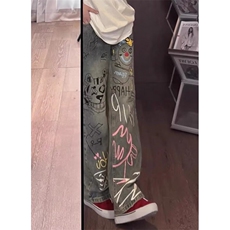 美式vibe高街手绘涂鸦牛仔裤男款小众设计感裤子直筒裤LA4622-P48，男装牛仔裤，星座1008