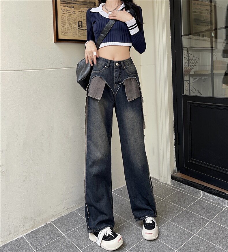 5053设计感撞色口袋外翻拼接牛仔裤女新款高腰显瘦直筒阔腿裤P59，女装牛仔裤，星座309B-2
