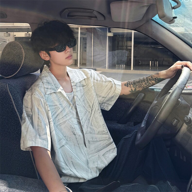 男士夏季冰丝透气速干透气长袖衬衫美式宽松扎染双门禁假两件衬衫，男装衬衫，电商B319