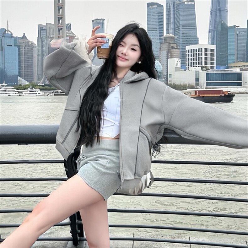 抖音得物高品质秋冬美式高街重磅结构辑明线纹理连帽卫衣外套W111,男装卫衣,电商A486