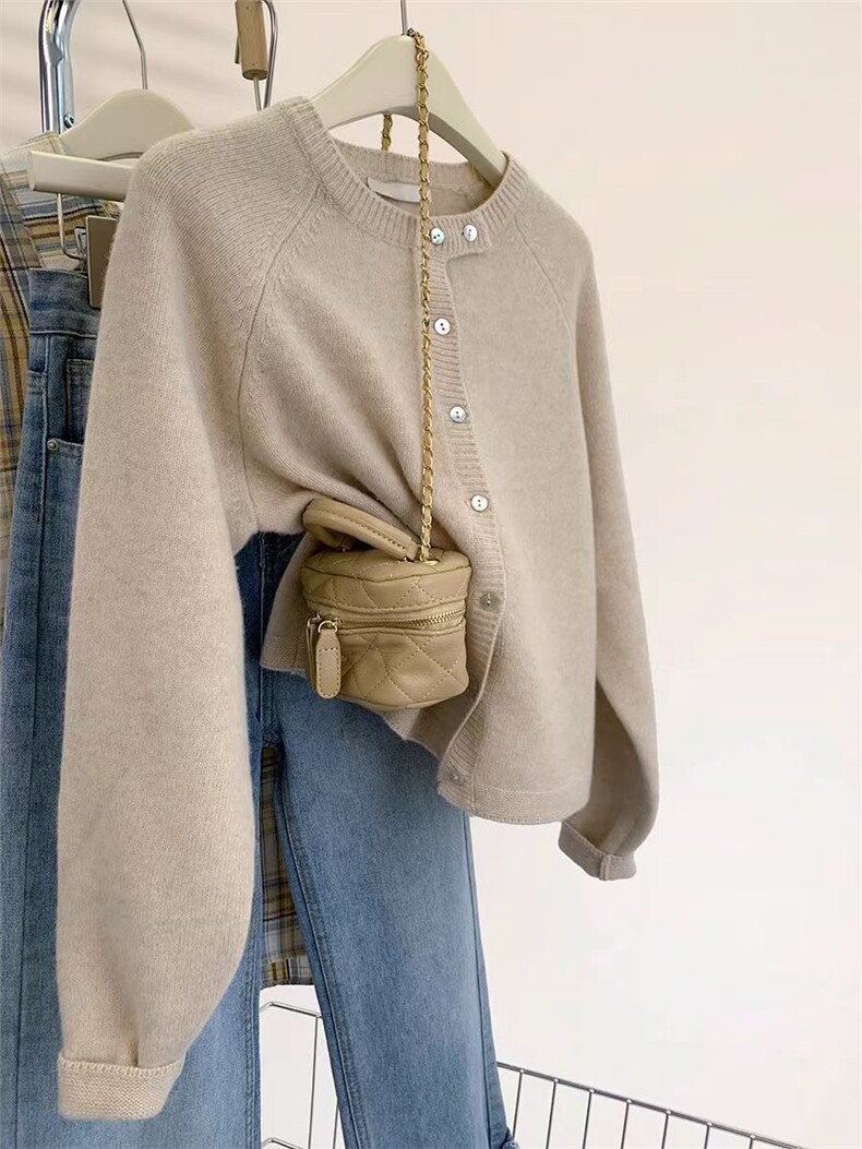 2025年秋季新款百搭长袖圆领开衫，女装针织衫/毛衣，恒恩羊绒
