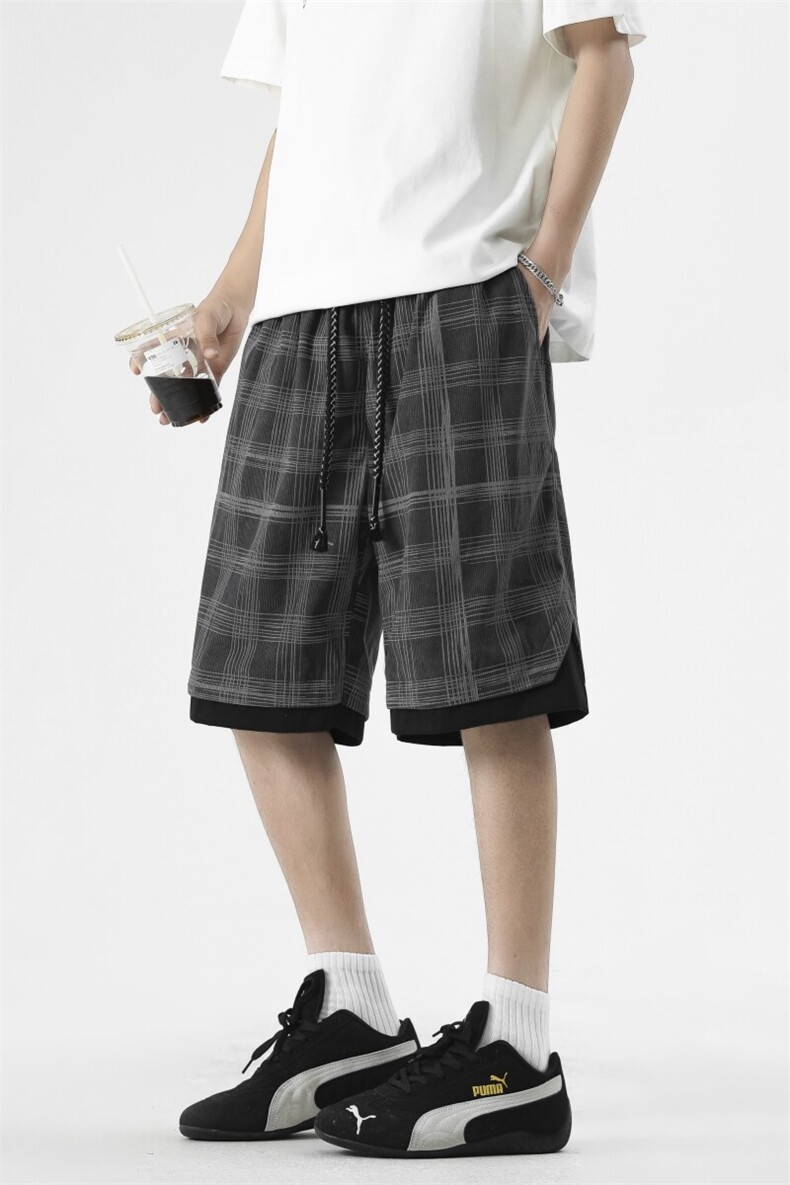 复古格子抽绳运动短裤五分裤夏季男女宽松休闲裤阔腿K7193-P38,男装休闲裤,星座210-1