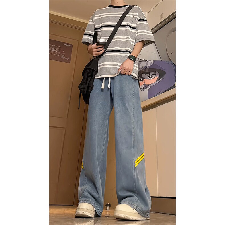 条纹拼接牛仔裤男夏季新款2025直筒美式潮流裤子-A2022TP48控88,男装牛仔裤,电商B241