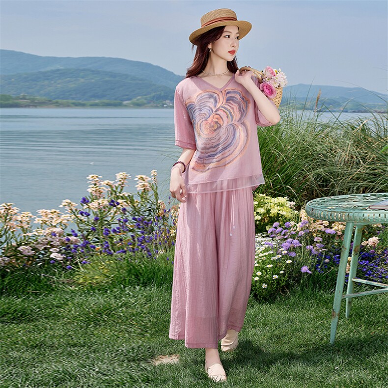 时尚气质印花棉麻套装女夏2025新款洋气减龄妈妈宽松阔腿裤两件套,女装套装/套裙,涵墨