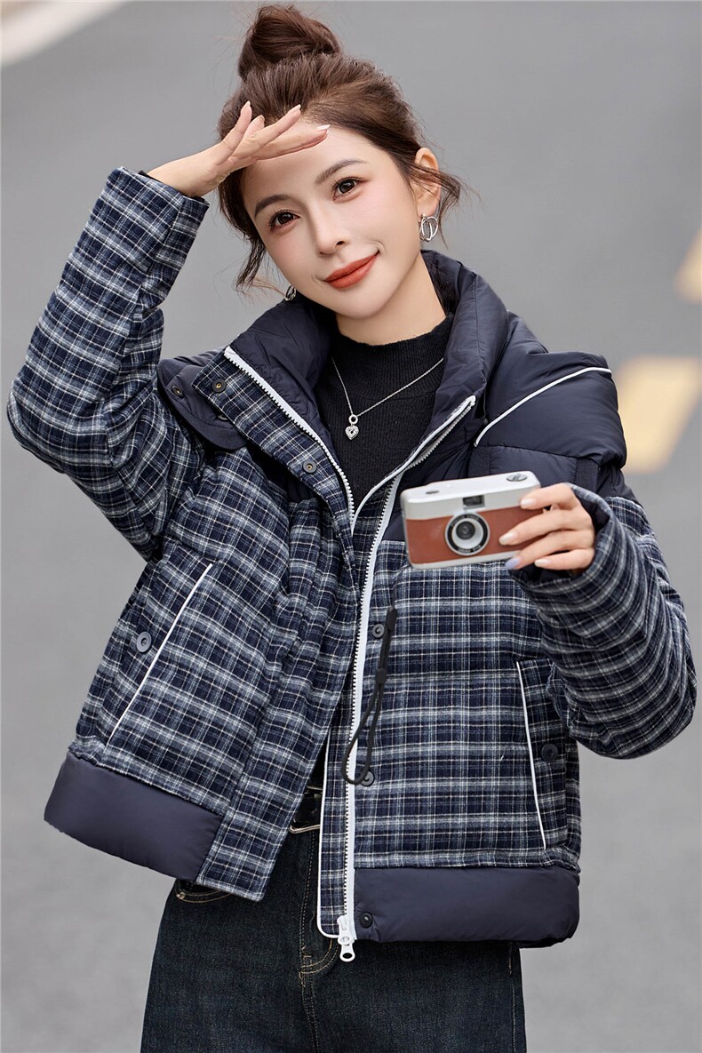 时尚格子连帽短款羽绒服女2025年冬季新款加厚保暖减龄白鸭绒外套,女装羽绒服,丽影随形
