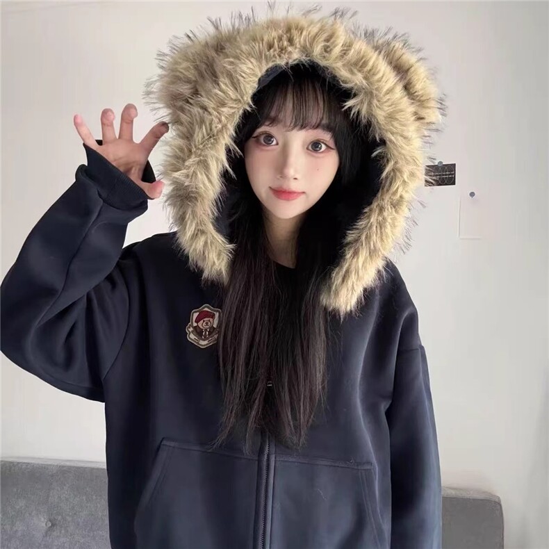 小熊耳朵毛领开衫卫衣女男春秋新款宽松慵懒感学院风连帽拉链外套,女装短外套,星座506A