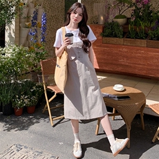 可爱风米杏色超好看减龄连衣裙女2025夏季新款宽松显瘦背带裙套装，女装套装/套裙，2C306