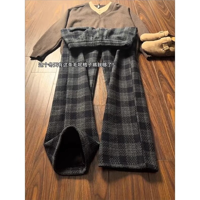 春季藏青色毛呢格子直筒裤男美式复古宽松垂感休闲卫裤LCk199-P48,男装休闲裤,星座1008