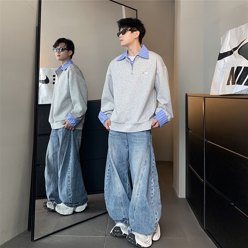 美式复古假两件拼接衬衫领POLO衫设计长袖T恤卫衣W100-P58图片