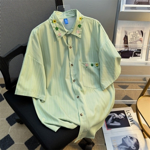 2025夏新款条纹短袖衬衫花朵刺绣半袖情侣男女班服现货W8601-P34图片