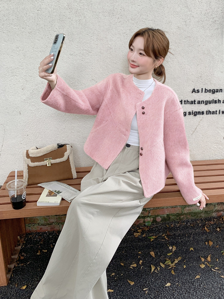 小香风双面羊绒大衣女短款2025秋冬新款韩版宽松显瘦羊毛呢子外套,女装羊绒大衣,2C316