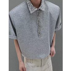 小众重工亮片方领短袖Polo衫男夏季别针设计感T恤高级感半袖，男装Polo衫，星座601-1