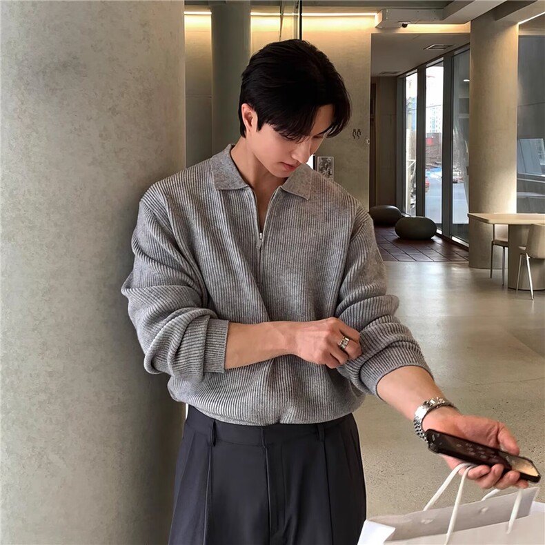 半高领拉链针织衫男美式复古宽松落肩长袖t恤慵懒风套头毛衣外套，男装T恤，星座506A