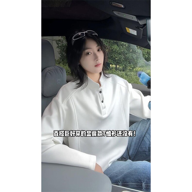 抖音得物品质美式高街重磅曼巴棉拼接cleanfit亨利领卫衣长袖T恤,男装T恤,电商A486-1