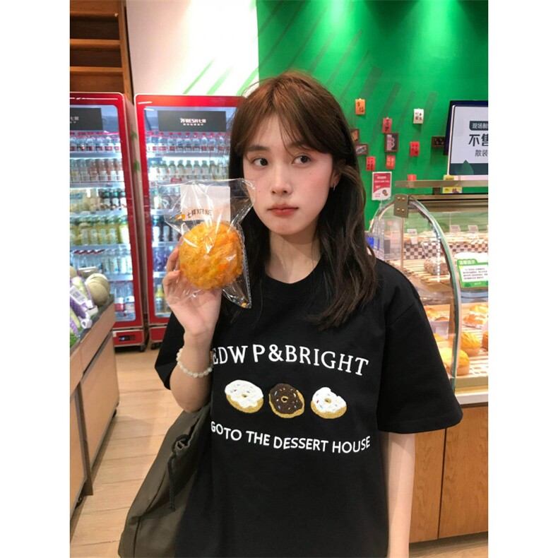 H0666-P35黑色显瘦宽松夏季短袖印花t恤女图片