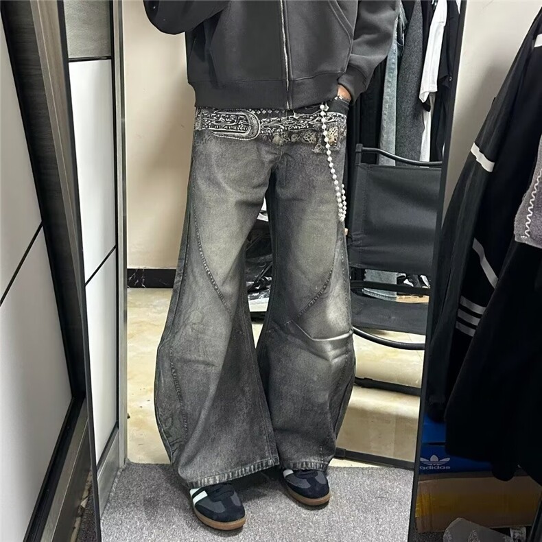 美式重工腰带印花牛仔裤男女秋季高街痞帅宽松廓形设计感弯刀裤子,男装牛仔裤,四季星座505