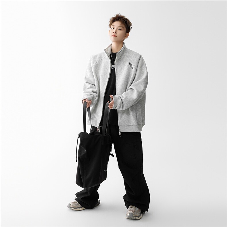 W62-P45美式重磅刺绣立领卫衣男女春季宽松百搭开衫外套,女装短外套,电商B323A