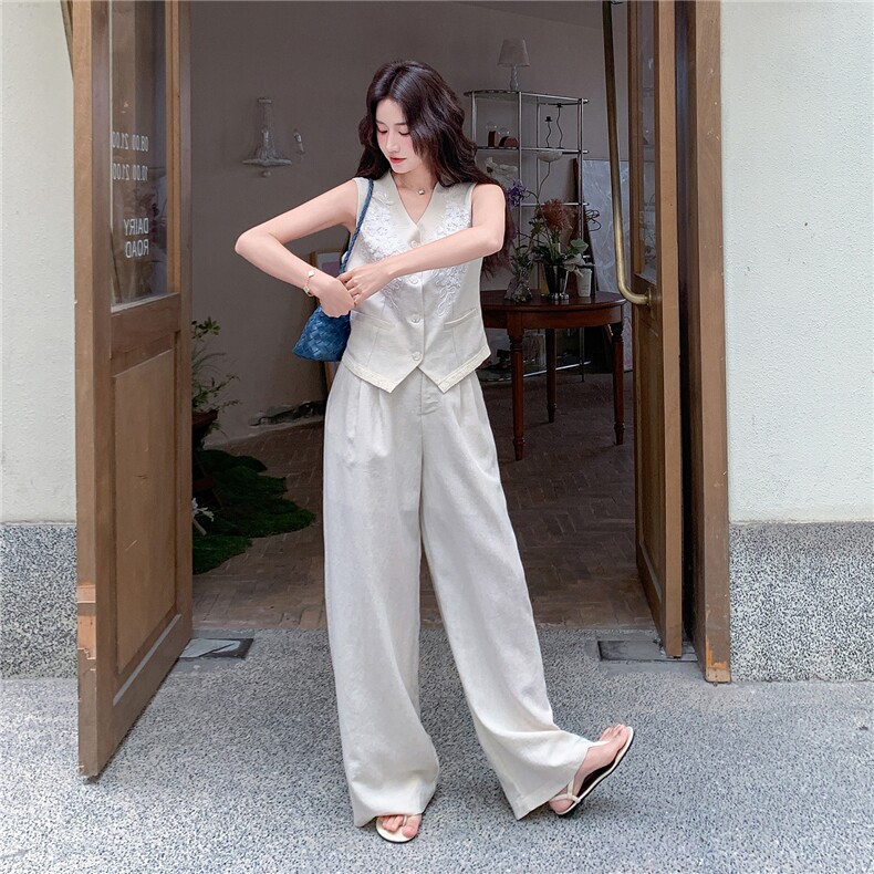 简约老钱风重工刺绣马甲阔腿裤套装女2026夏季显瘦超好看一整套,女装套装/套裙,流量+