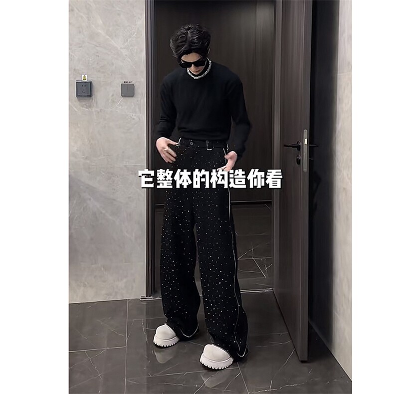 2026新款韩版设计满钻宽松弯刀阔腿休闲裤男潮K1107-P89（网图）,男装休闲裤,电商B267