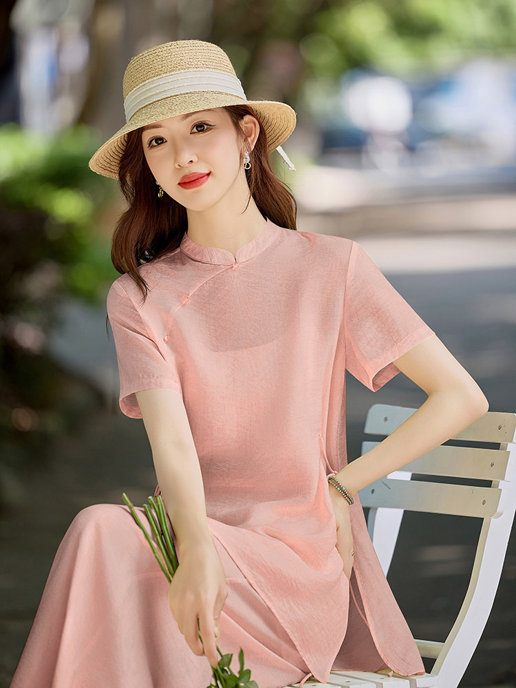 洋气粉色新中式套装女2026夏季薄款立领盘扣上衣显瘦阔腿裤两件套,女装套装/套裙,水衣源