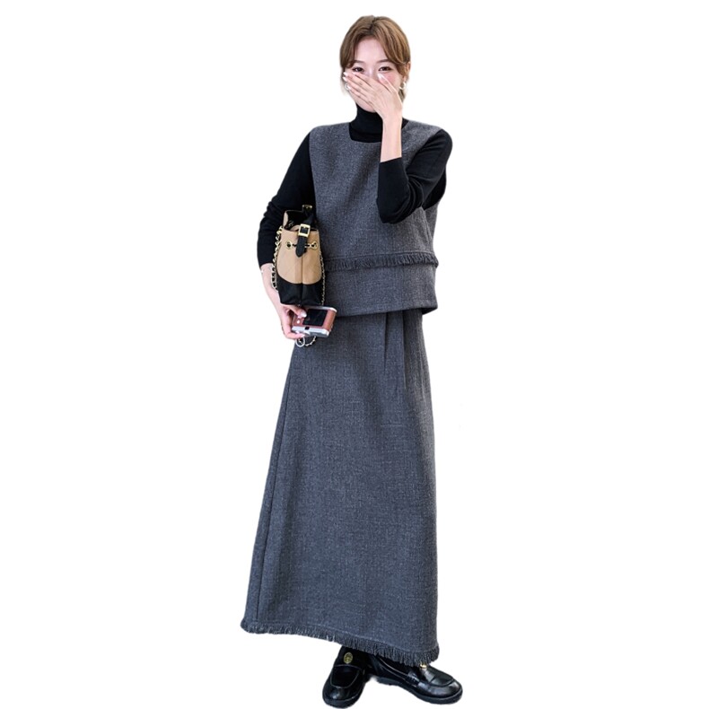 高级小众穿搭灰色马甲套装女春秋2025新款超火好看半身长裙三件套,女装套装/套裙,2D008