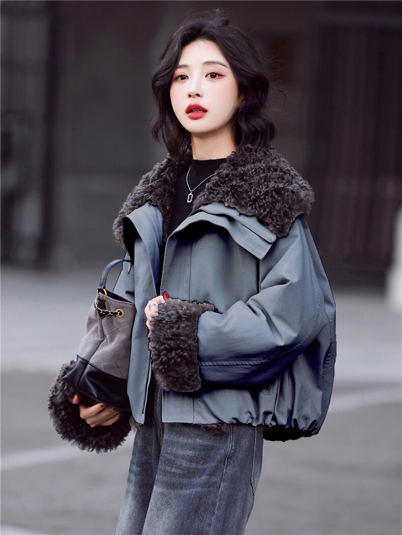 两面穿简约时尚毛一体保暖派克服外套2025冬装新款,女装派克服,鑫源服饰