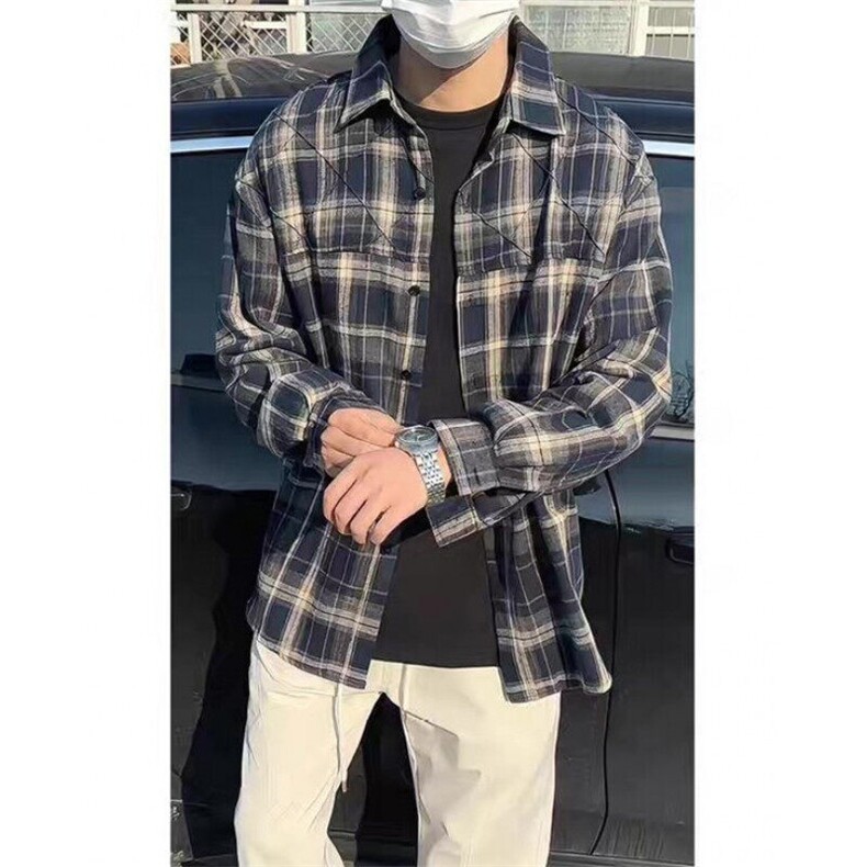 复古长袖格子衬衫男春季新款2025宽松ins休闲翻领外套CS334,男装衬衫,星座1116A（原606A-3）