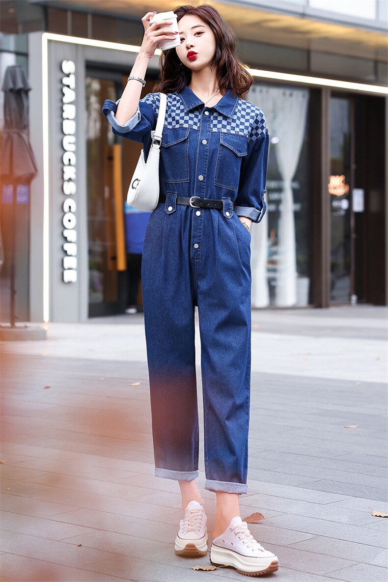 牛仔工装连体裤女2025春秋新款拼接格子高级感时尚流行连衣裤,女装连体裤,E百度