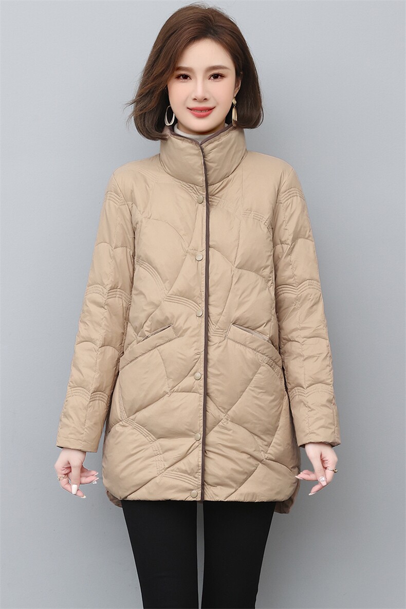 时尚中长款祥云设计羽绒服修身显瘦撞色门襟外套,女装羽绒服,衣之秀