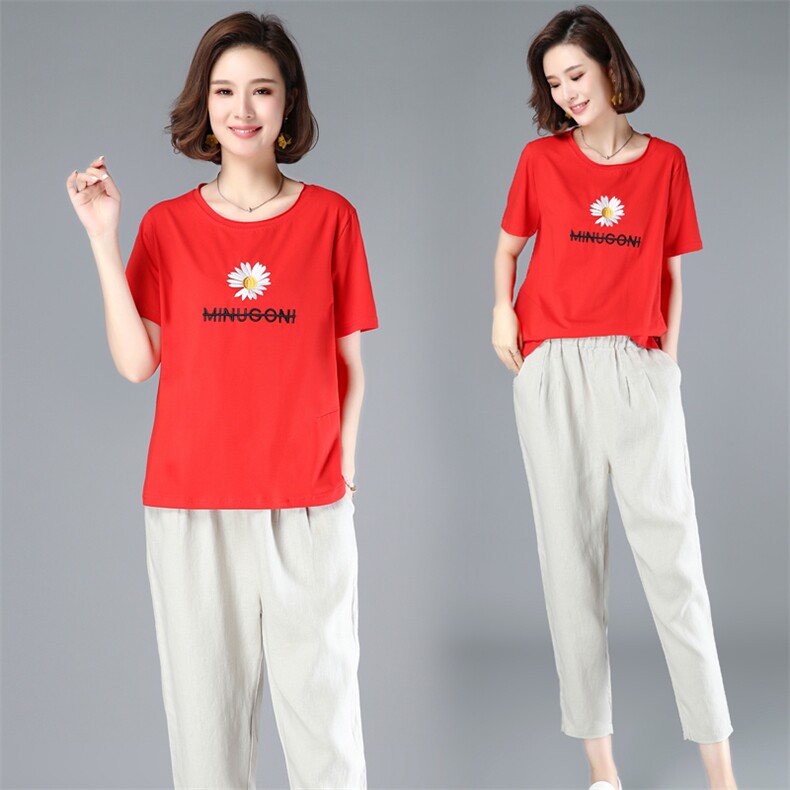 涵誉套装2022款时尚两件套装上身太阳花刺绣T恤加棉麻九分裤女,女装套装/套裙,涵誉