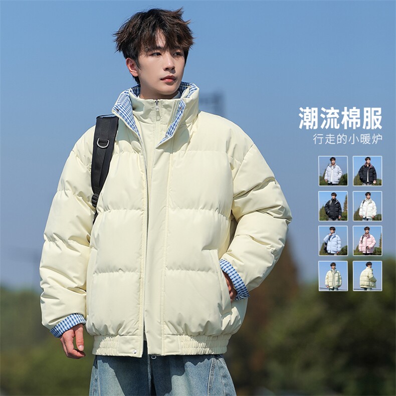 双层领格子拼接假两件棉服男冬季潮牌宽松面包服外套MY2515-P85,男装棉衣,星座610（原A335）