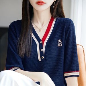 洋气时髦感V领短袖T恤女新款针织衫女修身显瘦减龄半袖遮肉上衣图片