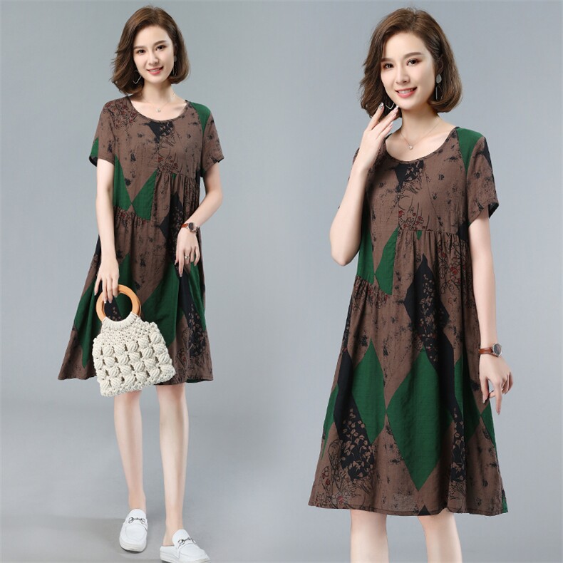 优雅复古印花连衣裙宽松显瘦短袖长裙舒适百搭，女装连衣裙，依恋蒂丝